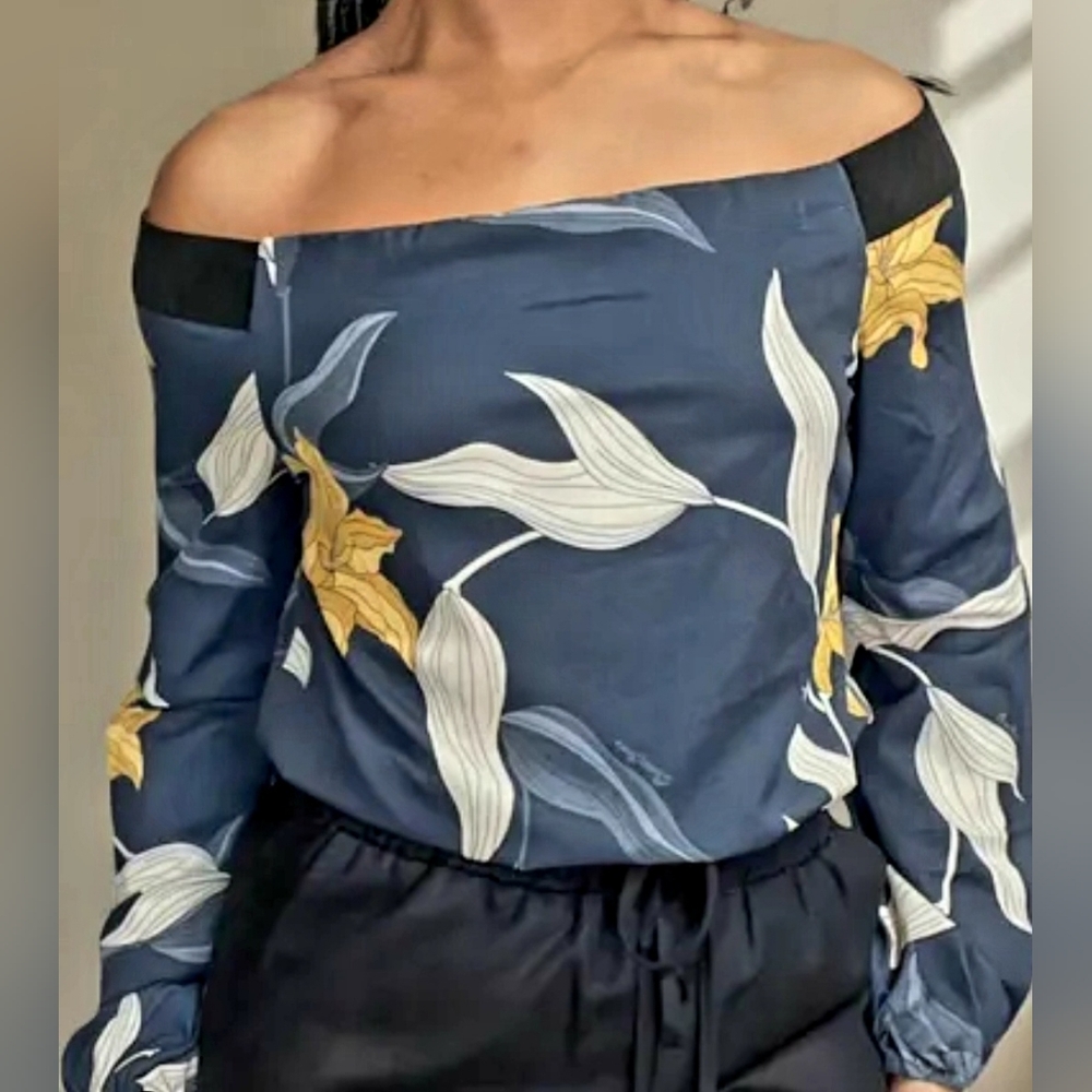 Amanda Uprichard Navy Floral Off-Shoulder Blouse